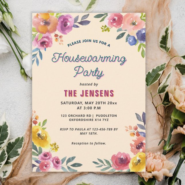 Colorful Summer Floral Housewarming Invitation (personalized vintage floral spring summer housewarming invitation)