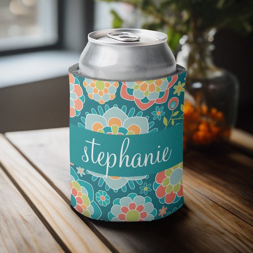 Colorful Summer Floral Pattern Custom Name Can Cooler