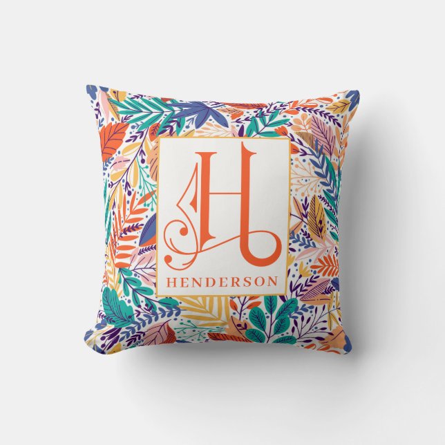 Colorful Summer Floral Pattern Monogram H Throw Pillow (Front)