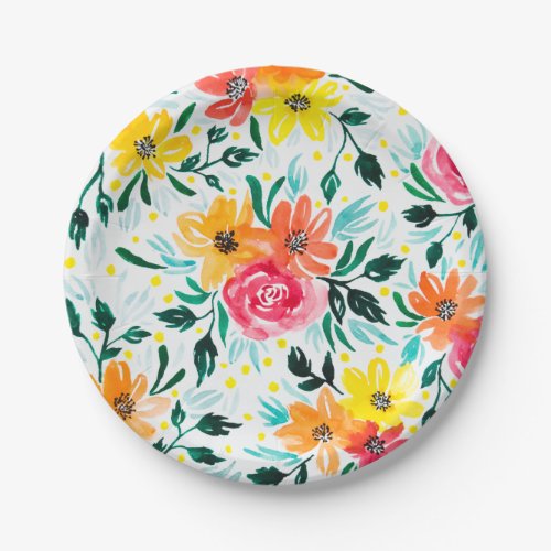 Colorful Summer Floral Watercolor Pattern Paper Plates