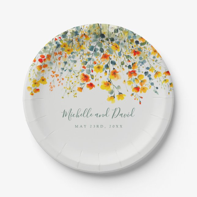 Colorful Summer Floral Wedding Paper Plates (Front)