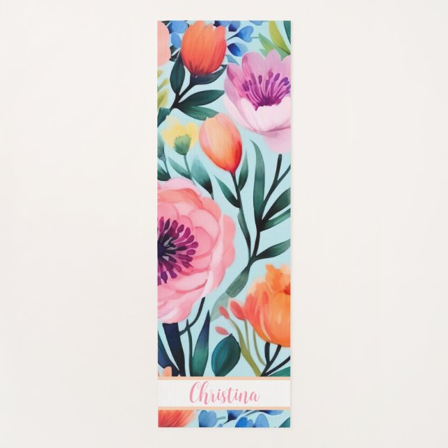 colorful summer flower design with name  yoga mat (Front)