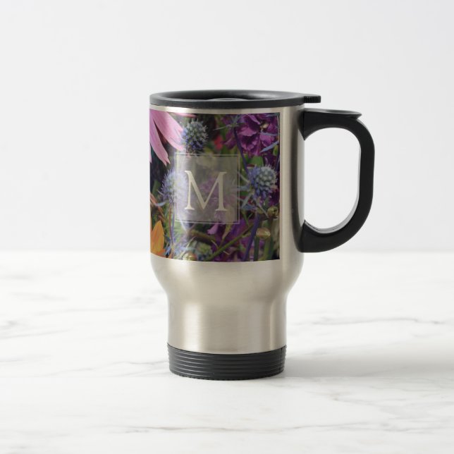 Colorful Summer Flower Garden Monogram Travel Mug (Right)