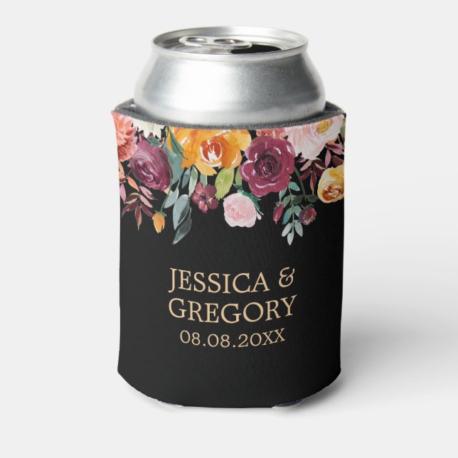 Colorful Summer Flowers border Wedding Design Can Cooler (Can Back)