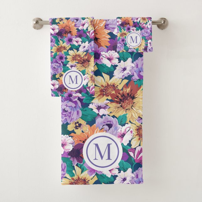 Colorful summer flowers collage pattern bath towel set (Insitu)