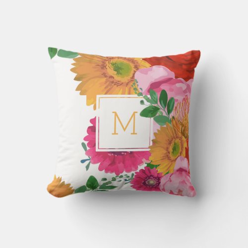 Colorful Summer Flowers Custom Monogram Throw Pillow