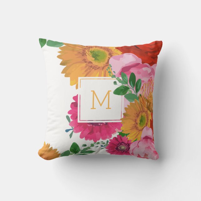 Colorful Summer Flowers Custom Monogram Throw Pillow (Front)