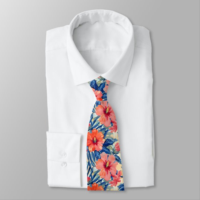 Colorful Summer Flowers Hibiscus Floral Pattern Neck Tie (Tied)