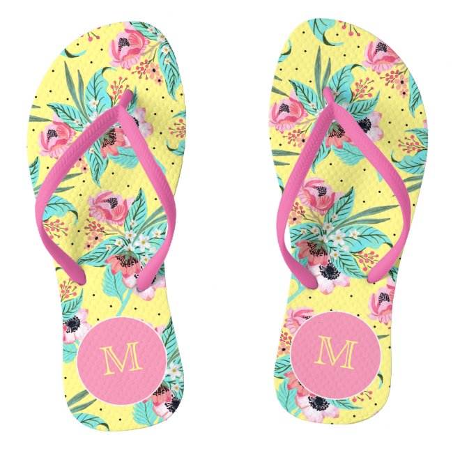 Colorful Summer Flowers Monogram Yellow Flip Flops