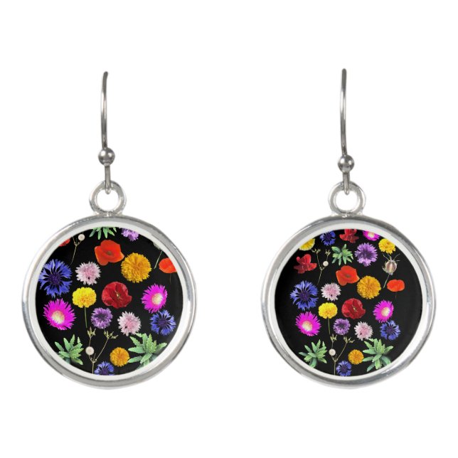 colorful summer flowers on black background earrings (Front)