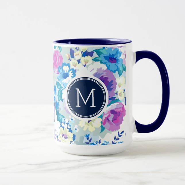 Colorful Summer Flowers Pattern Monogram Mug (Right)