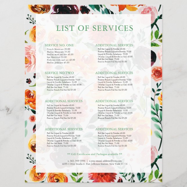 Colorful summer flowers pattern service list  flyer (Front)