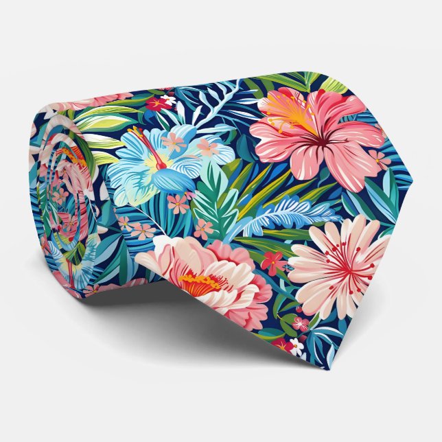 Colorful Summer Flowers Pretty Floral Pattern Neck Tie (Rolled)