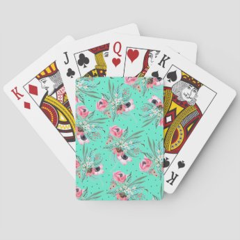 Colorful Summer Flowers Teal Playing Cards