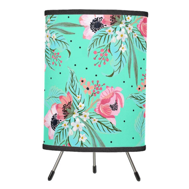 Colorful Summer Flowers Teal Tripod Lamp