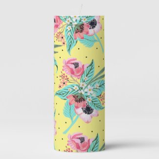 Colorful Summer Flowers - Yellow Pillar Candle