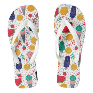Colorful summer foods & tropical flowers collage flip flops