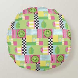 Colorful summer fruit pink green yellow mosaic round pillow