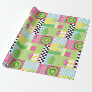 Colorful summer fruit pink green yellow mosaic wrapping paper