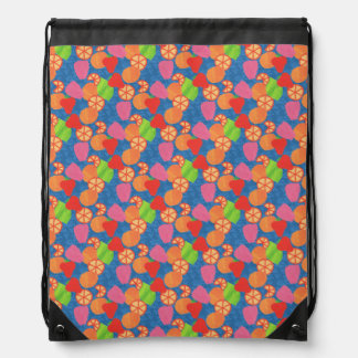 Colorful Summer Fruits Pattern on Deep Blue Drawstring Bag