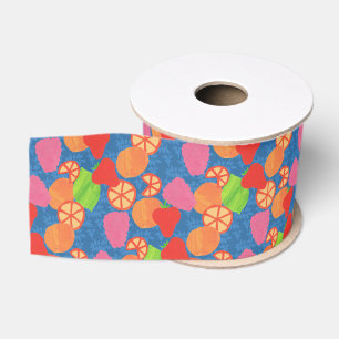 Colorful Summer Fruits Pattern on Deep Blue Grosgrain Ribbon