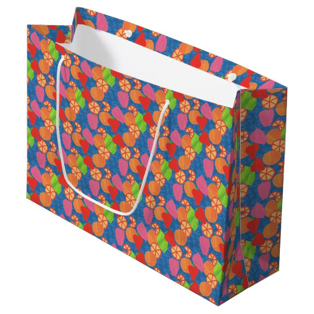 Colorful Summer Fruits Pattern on Deep Blue Large Gift Bag (Front Angled)