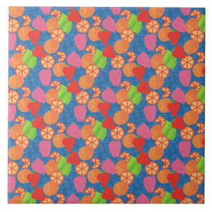 Colorful Summer Fruits Pattern on Deep Blue Tile
