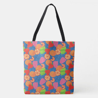 Colorful Summer Fruits Pattern on Deep Blue Tote Bag