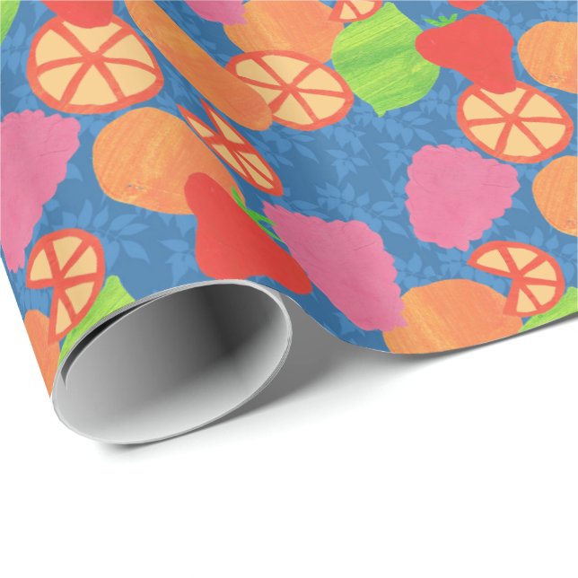 Colorful Summer Fruits Pattern on Deep Blue Wrapping Paper (Roll Corner)