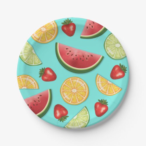 Colorful Summer Fruits Watermelon Strawberry Lime Paper Plates