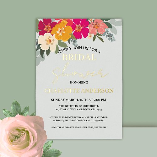  Colorful Summer Garden  Floral Bridal Shower Gold Foil Invitation