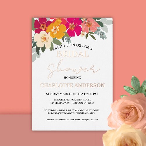  Colorful Summer Garden  Floral Bridal Shower Gold Foil Invitation