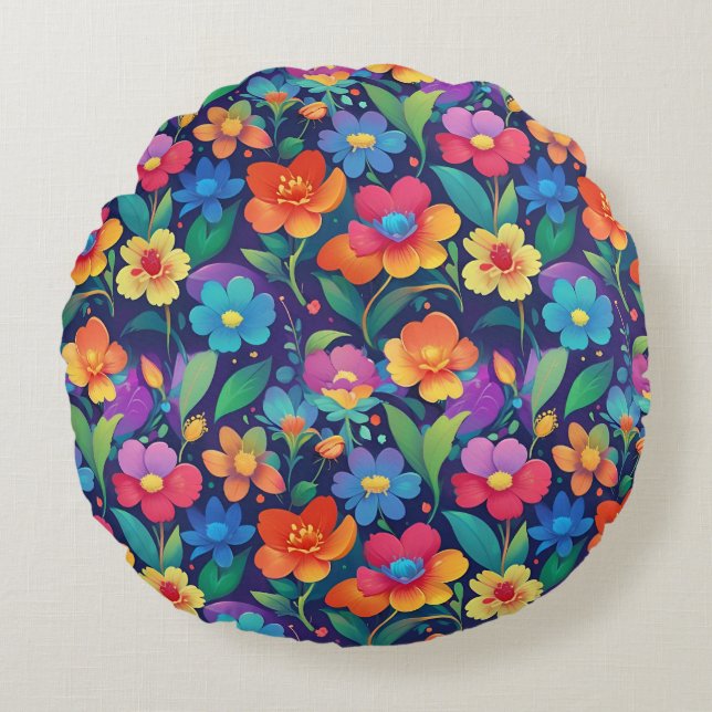 Colorful Summer Garden Floral Seamless Pattern Round Pillow (Front)