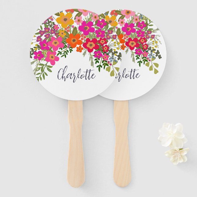 Colorful Summer Garden Flowers Custom Name  Hand Fan (Front and Back)