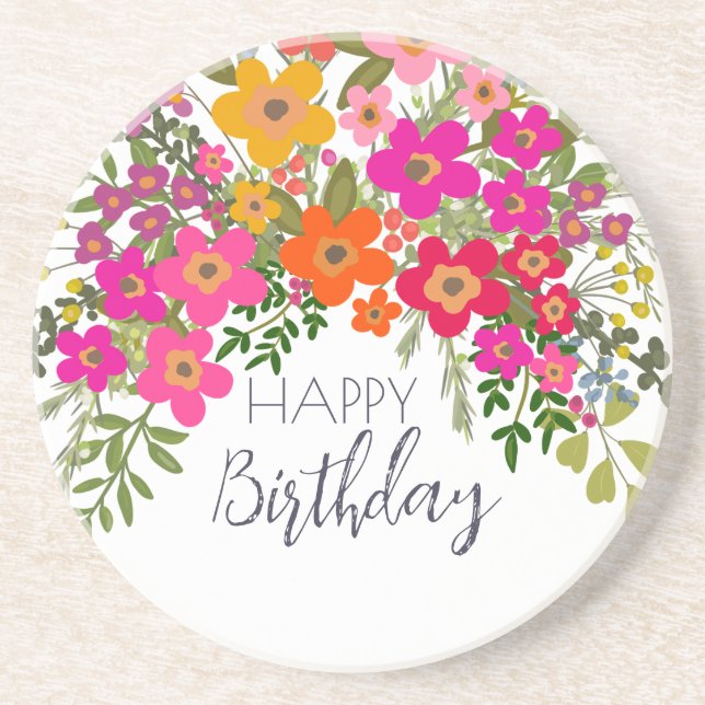Colorful Summer Garden Flowers Happy Birthday  Coaster (Front)