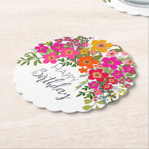 Colorful Summer Garden Flowers Happy Birthday  Paper Coaster