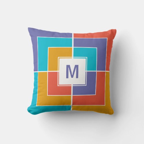 Colorful Summer Geometric Squares Monogram Throw Pillow