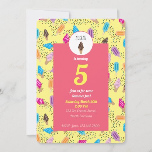 Colorful Summer Ice Cream Pattern Birthday Invitation