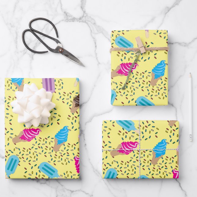 Colorful Summer Ice Cream Pattern Wrapping Paper Sheets (Front)