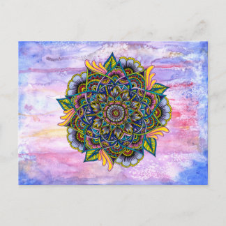 Colorful Summer Mandala w/ Watercolor Backdrop Postcard