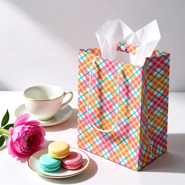 Colorful Summer Plaid – Pink, Peach & Teal Medium Gift Bag (Colorful Summer Plaid – Pink, Peach & Teal Medium Gift Bag)