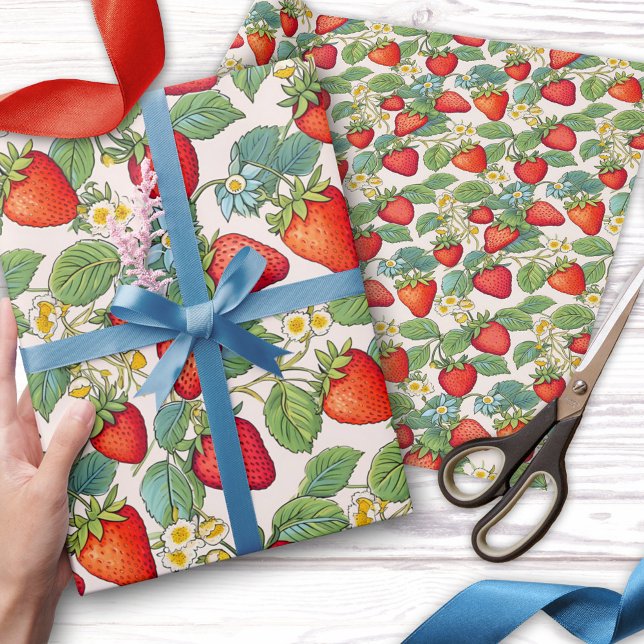 Colorful Summer Strawberries Pattern Wrapping Paper (Wrapping paper featuring a colorful pattern with strawberries)