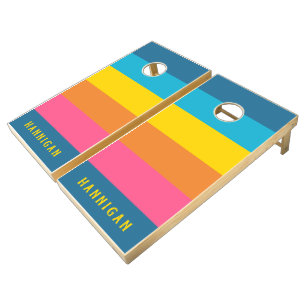 Colorful Summer Striped Family Name Cornhole Set
