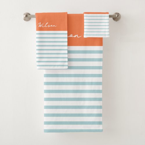 Colorful Summer Stripes Blue Orange Custom Name Bath Towel Set