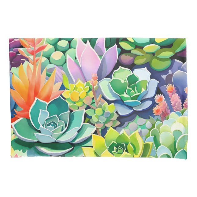 Colorful Summer Succulent Botanical Garden Pillow Case (Front)