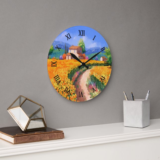 Colorful Summer Sun Flowers La Provence France Large Clock (Office)