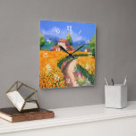 Colorful Summer Sun Flowers La Provence France Square Wall Clock<br><div class="desc">Beautiful contemporary watercolor painting of colorful French landscape scenery. Made for the lover of France, the French countryside, a vacation in Europe, or gardening. Original, cool and pretty colorful watercolour design to decorate your master or children's bedroom, nursery, dining, living or family room, college dorm, beach house, boat, ship or...</div>