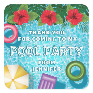 Colorful Summer Swimming Pool Birthday Thank You Square Sticker