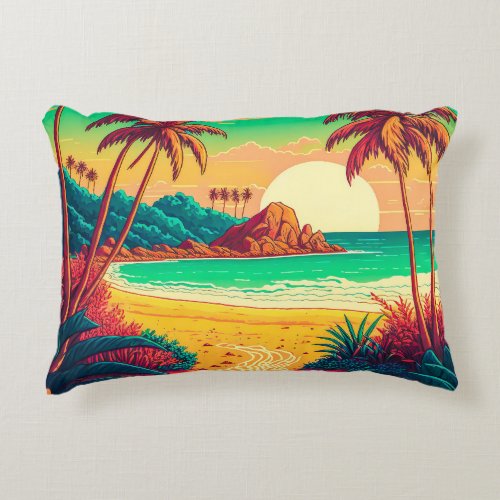 Colorful Summer Tropical Beach Landscape Artwork  Accent Pillow