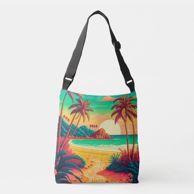 Colorful Summer Tropical Beach Landscape Artwork | Crossbody Bag (Front)